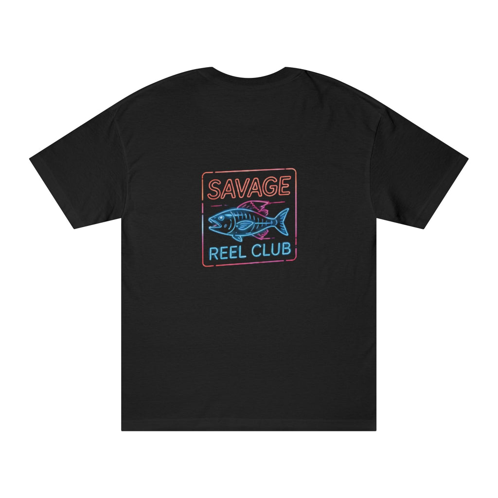 Printify Savage Reel Club fishing T-shirt featuring a retro fish graphic on a casual cotton tee.