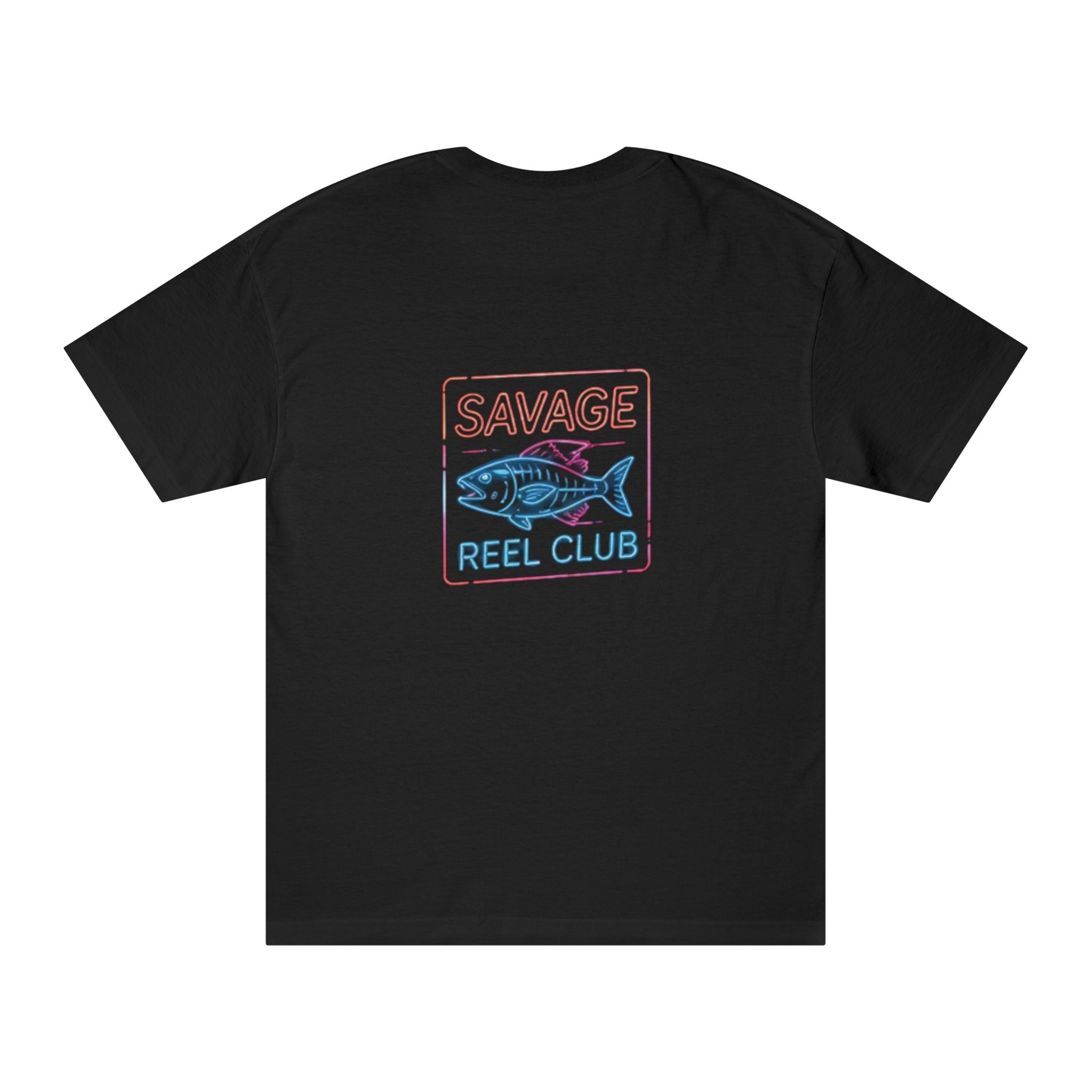 Printify Savage Reel Club fishing T-shirt featuring a retro fish graphic on a casual cotton tee.