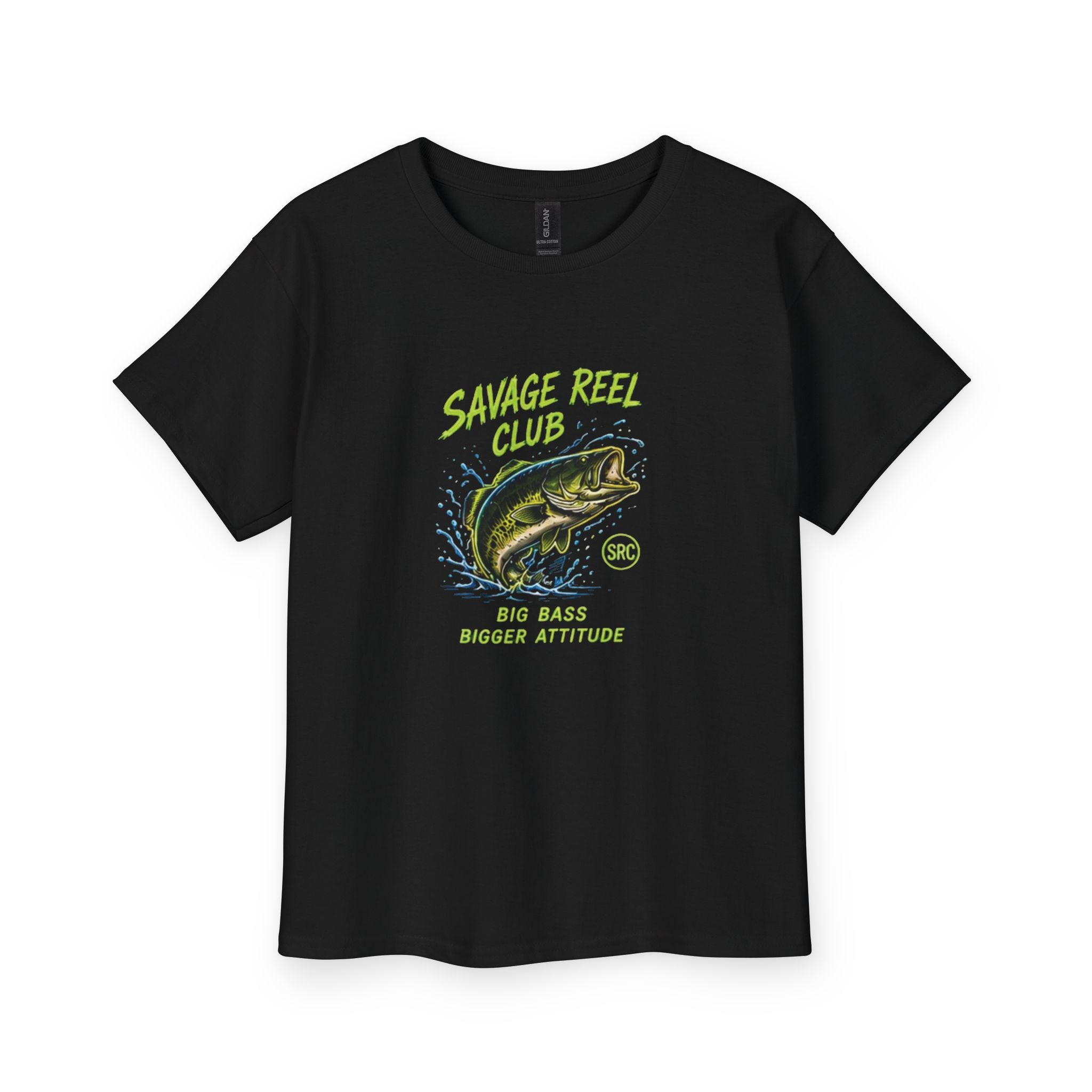 Kids youth tee featuring "Savage Reel Club" bass fishing graphic, casual kids' clothing by Printify with bold design.
