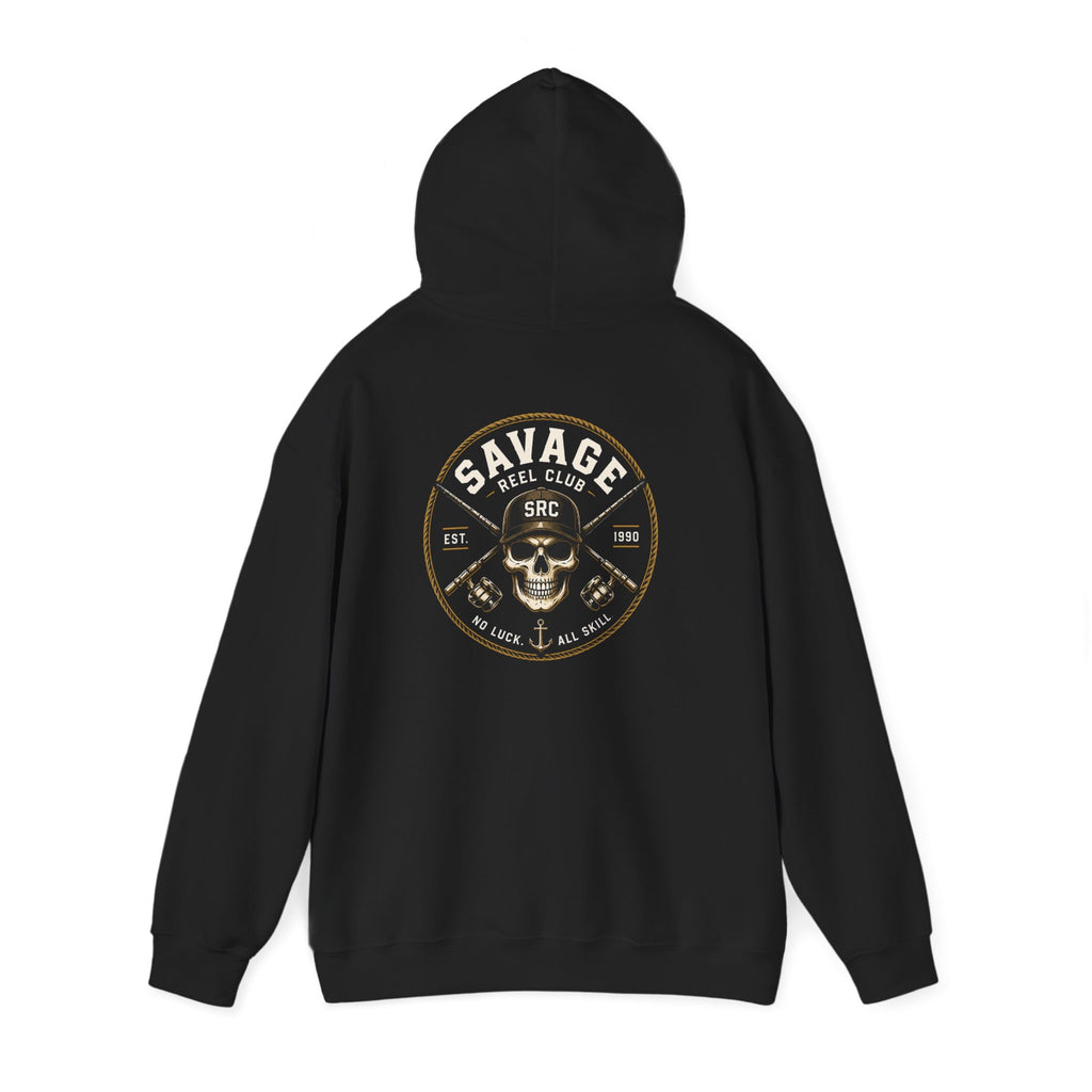 Printify Savage Reel Club hoodie featuring a fishing skull logo on a comfortable pullover hoodie.
