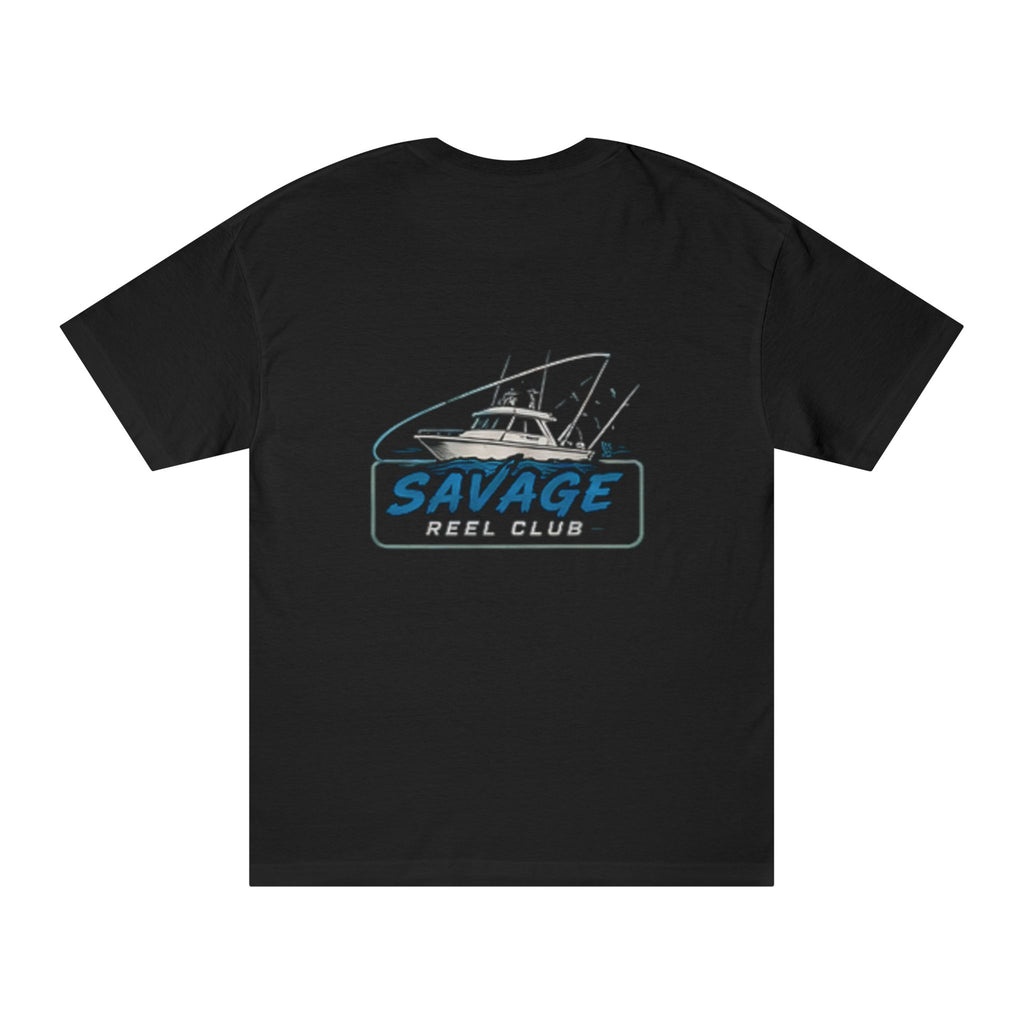 Fishing T-shirt with "Savage Reel Club" boat graphic, casual men's tee by Printify featuring a nautical fishing design.