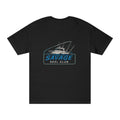 Fishing T-shirt with "Savage Reel Club" boat graphic, casual men's tee by Printify featuring a nautical fishing design.