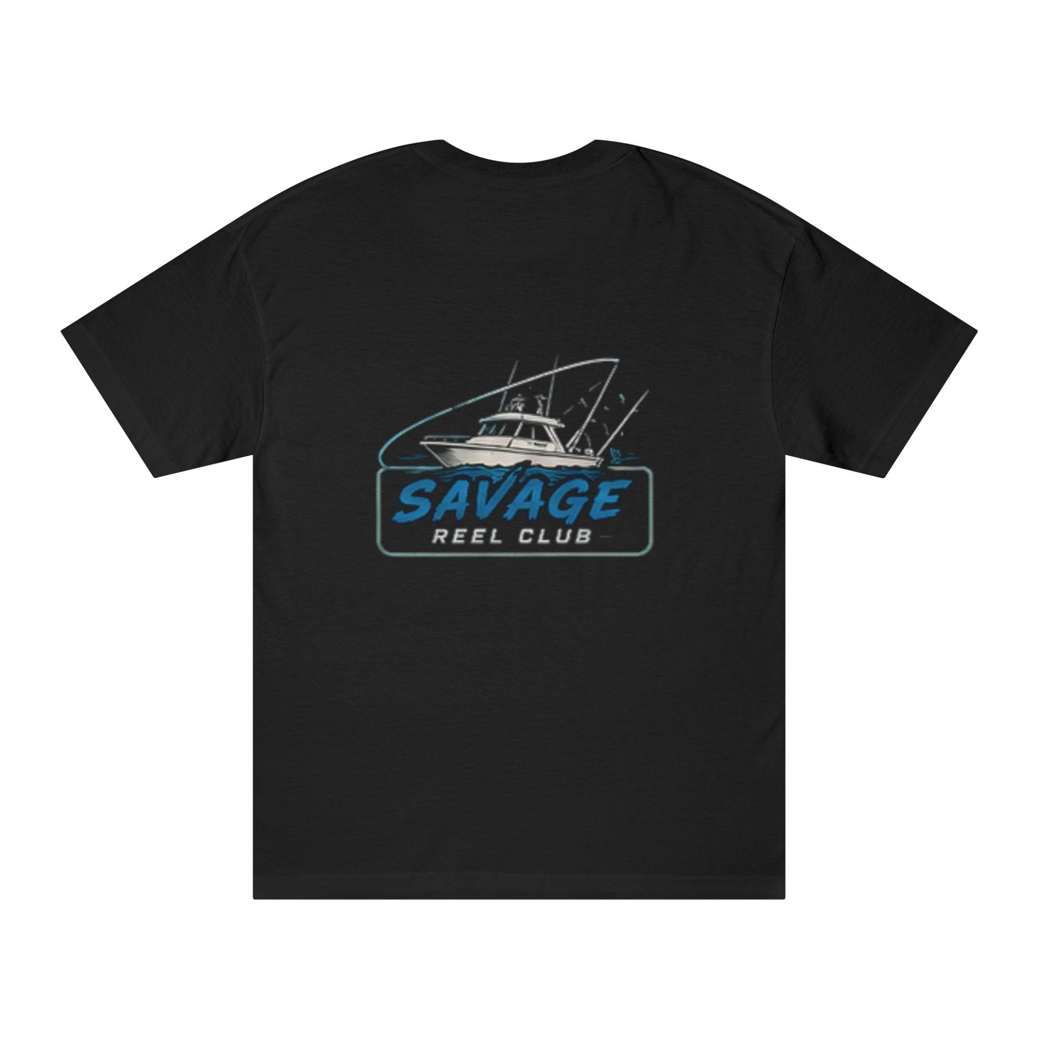 Fishing T-shirt with "Savage Reel Club" boat graphic, casual men's tee by Printify featuring a nautical fishing design.