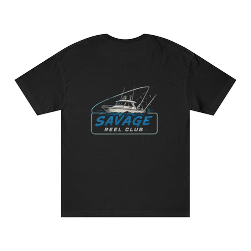 Fishing T-shirt with "Savage Reel Club" boat graphic, casual men's tee by Printify featuring a nautical fishing design.