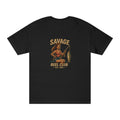 Vintage fishing pinup T-shirt by Printify featuring Savage Reel Club logo on a classic casual T-shirt.