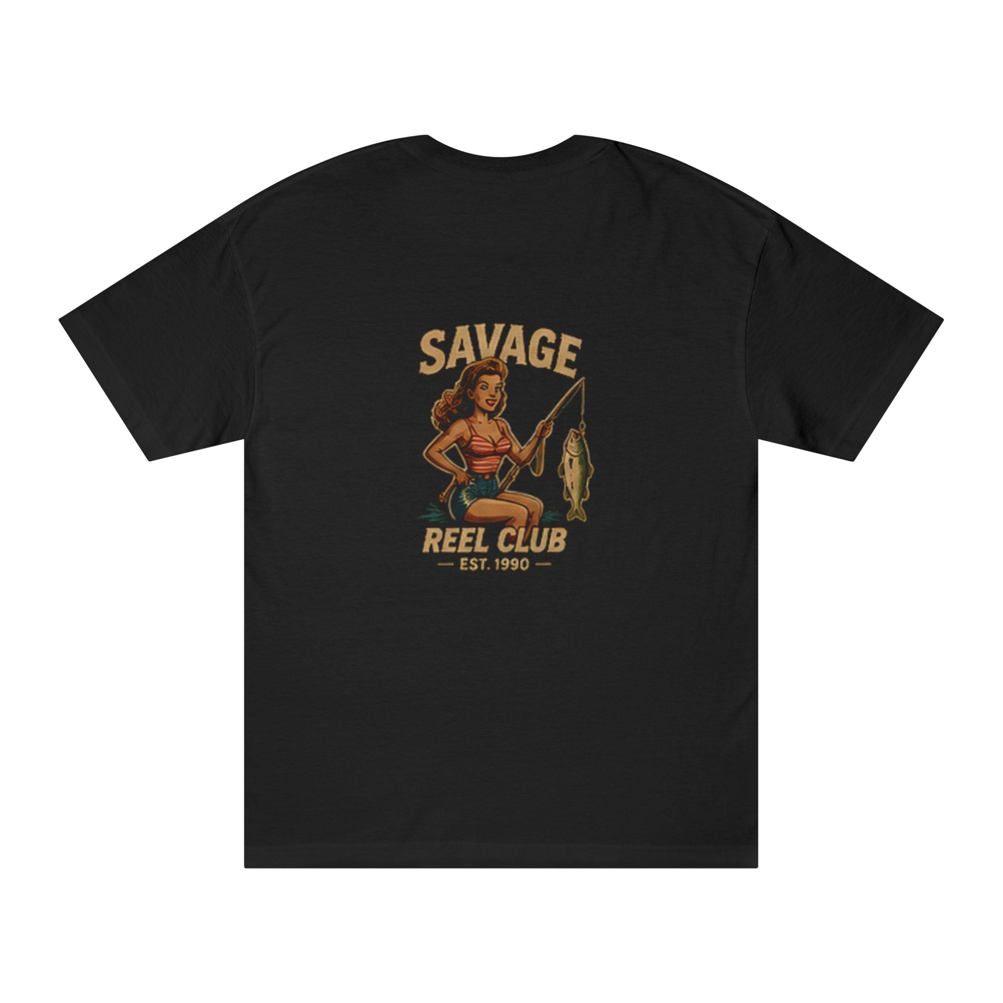 Vintage fishing pinup T-shirt by Printify featuring Savage Reel Club logo on a classic casual T-shirt.