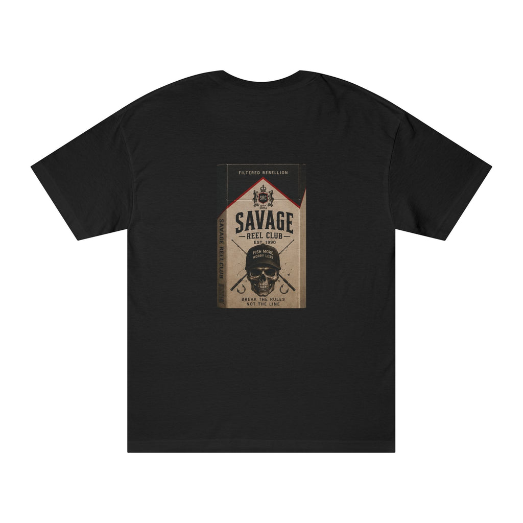 Vintage Skull Angle Cig Savage Reel Club fishing T-shirt by Printify, featuring a graphic design on a casual T-shirt.