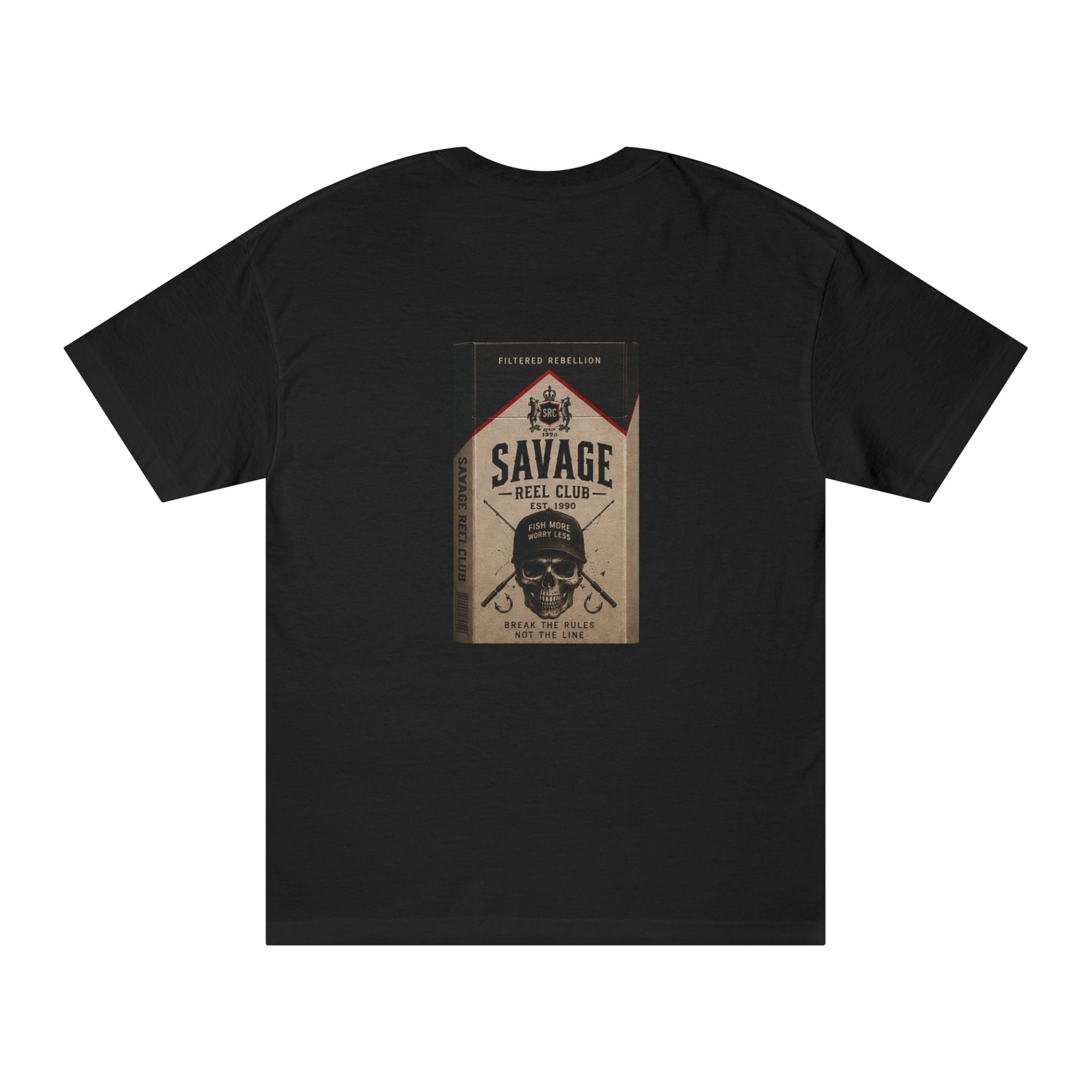 Vintage Skull Angle Cig Savage Reel Club fishing T-shirt by Printify, featuring a graphic design on a casual T-shirt.