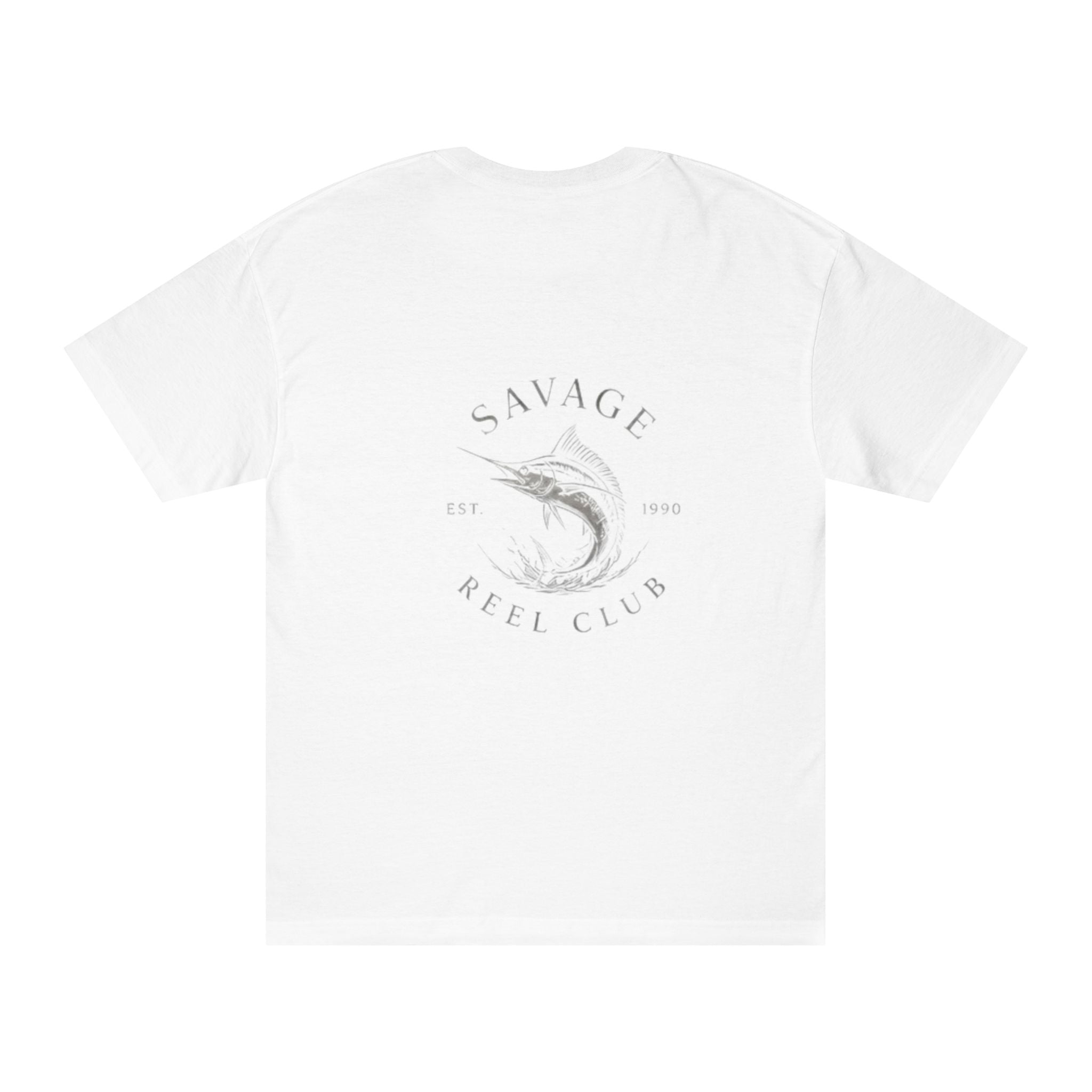 Printify Savage Reel Club T-Shirt featuring a swordfish graphic on a casual tee, with vibrant colors and soft fabric.