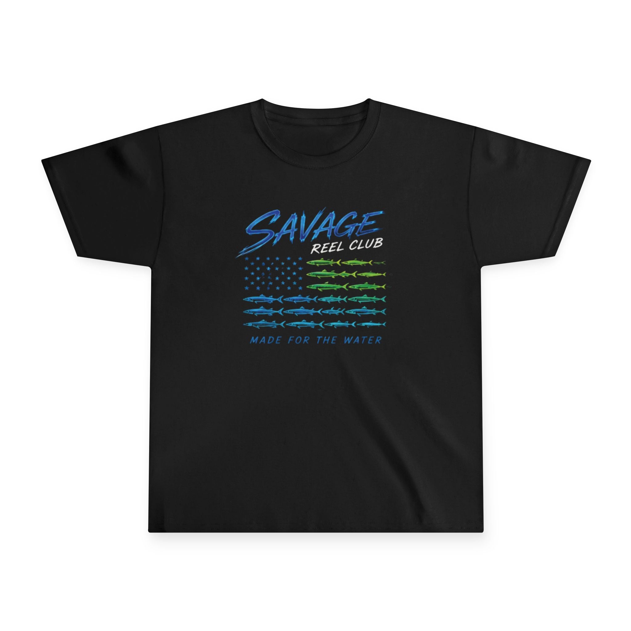 Kids' Savage Reel Club Youth fishing flag tee shirt by Printify, featuring vibrant water-themed graphics on a comfortable kids' T-shirt.
