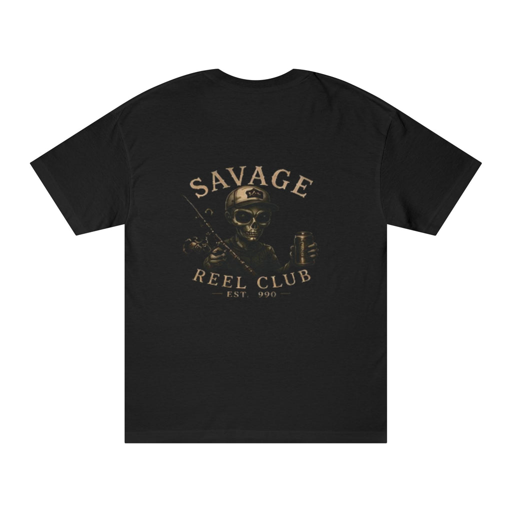Black fishing T-shirt featuring a savage skeleton graphic, from Printify, with bold design on the front.