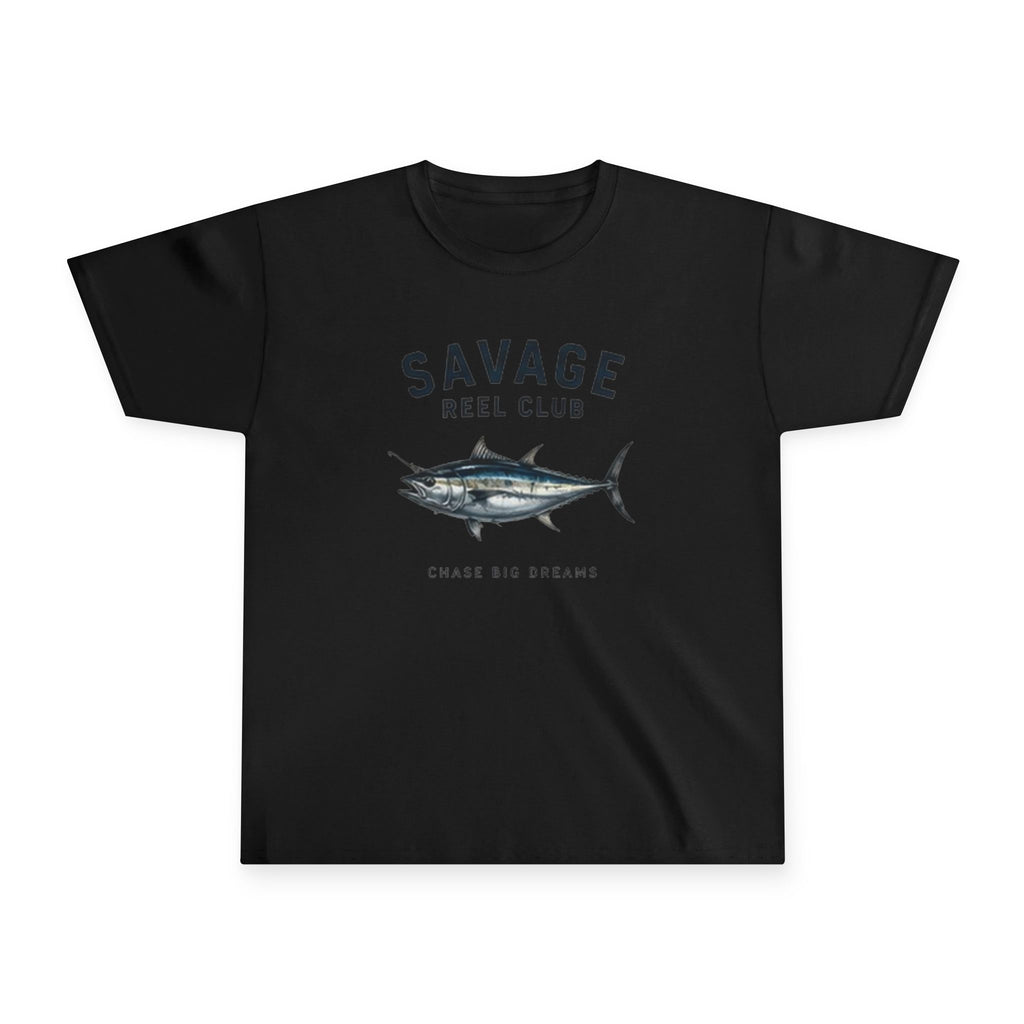 Kids youth tee featuring "Savage Reel Club" tuna fishing graphic, casual kids clothing by Printify.