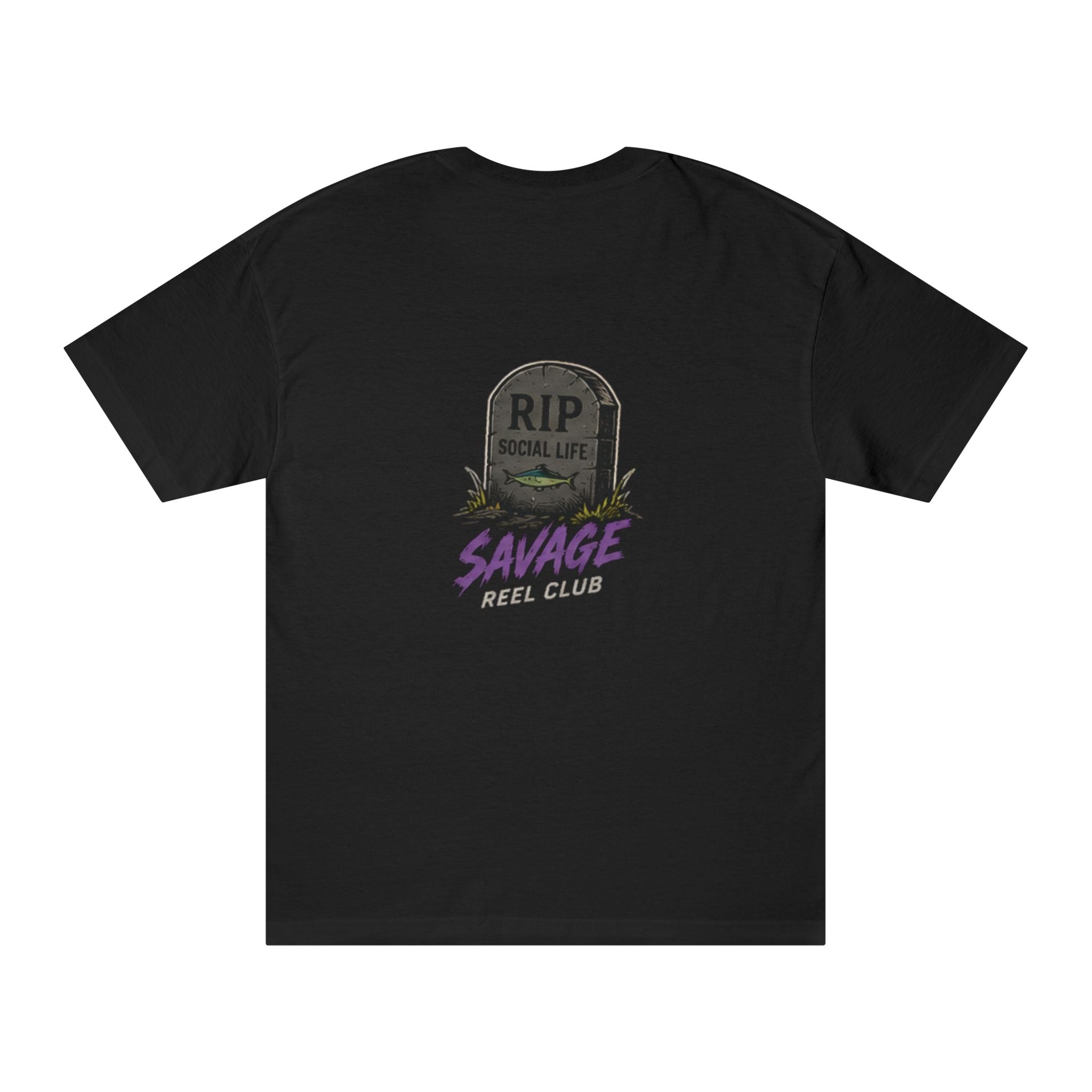 Black Savage Reel Club T-Shirt by Printify featuring a bold "RIP Social Life" graphic print on front.