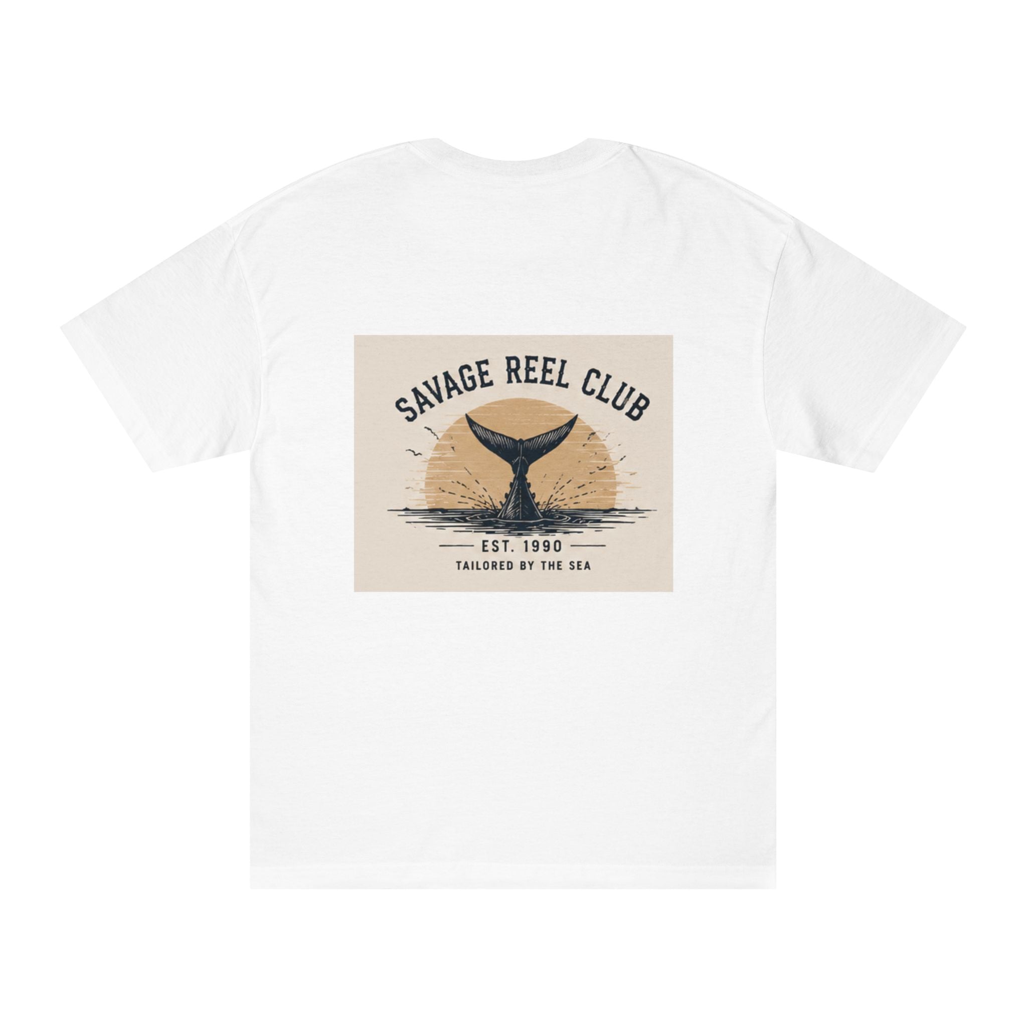 Printify Savage Reel Club whale tail vintage fishing T-shirt featuring a retro whale graphic on soft cotton fabric.